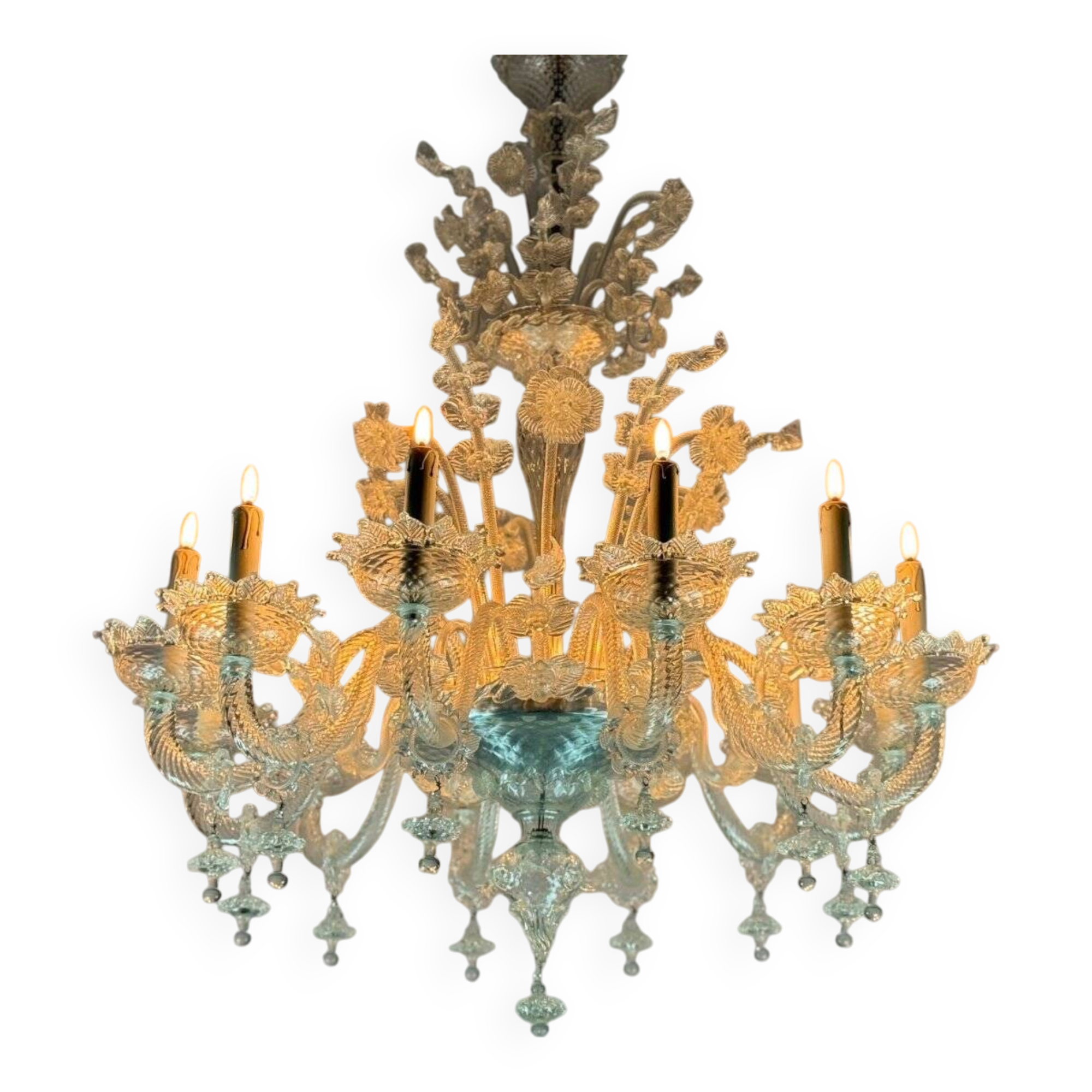 Venetian Chandelier in Colorless Murano Glass, 12 Light Arms, Circa 1900