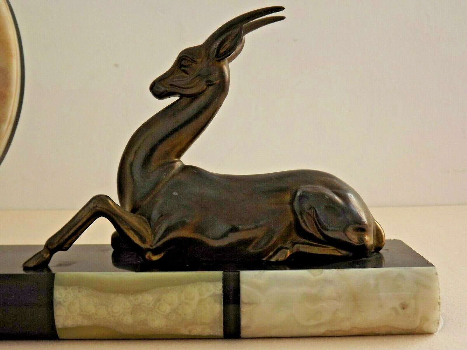 French Art Deco Clock Marble Onyx & Brass With A Bronzed Spelter Gazelle