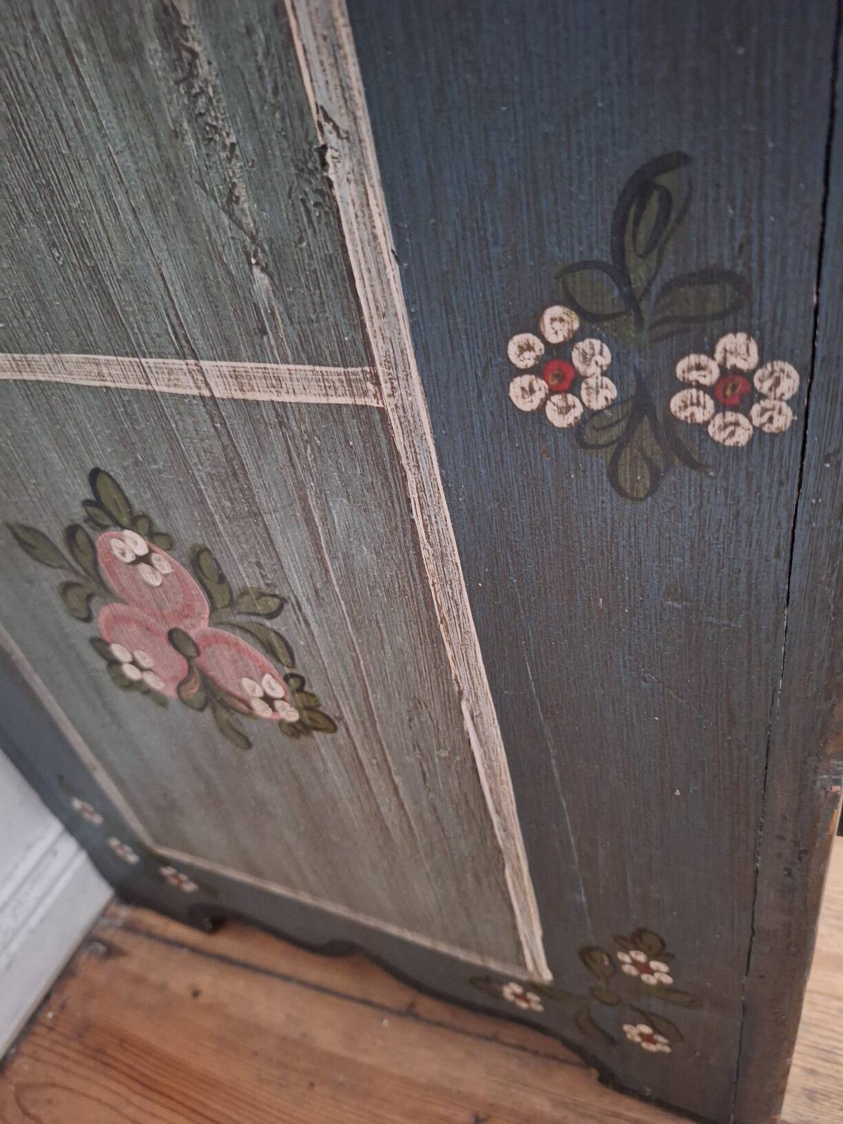 Antique blue hand-painted small Alpine wardrobe, circa 1810-20