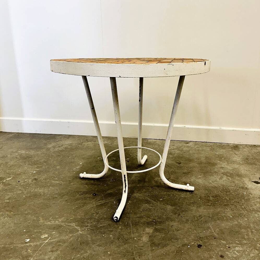 Vintage round French garden table with French "Tomettes" tiled top, 1960s