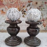 Set of 2 candle holders in brown enamelled terracotta decoration floral pattern tone on tone
