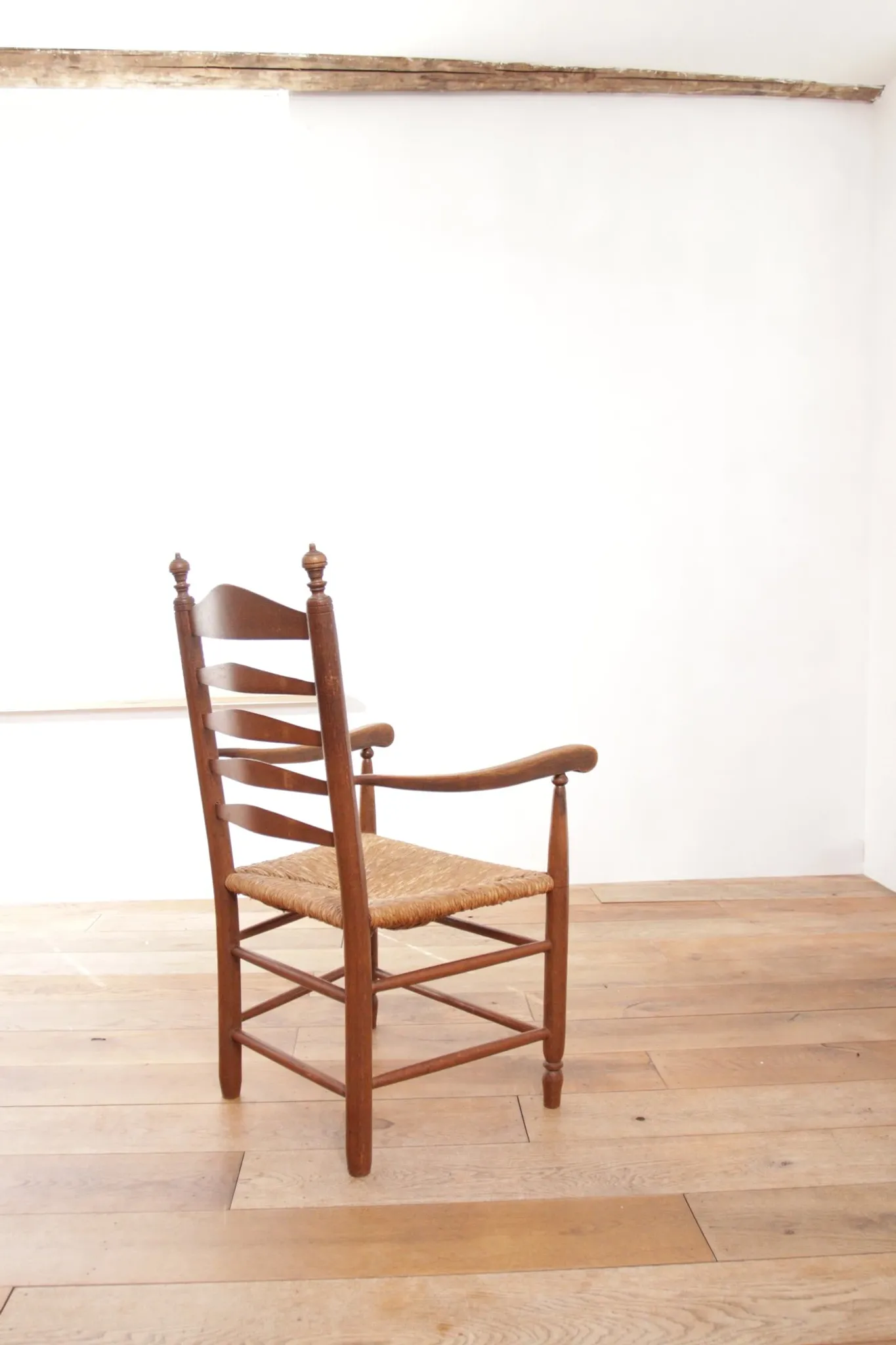 Dutch oak ladderback armchair with rush seat – 1950s