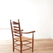Dutch oak ladderback armchair with rush seat – 1950s