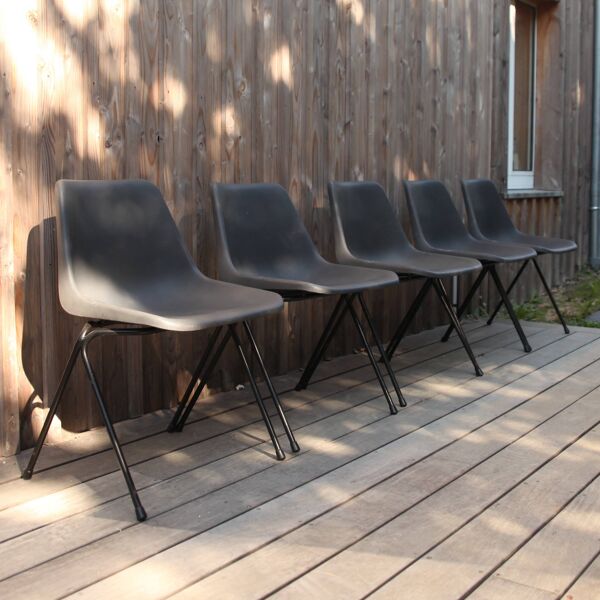 5 chaises en plastique gris-bleu par Robin Day pour Hille