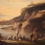 Antique landscape painting with men-at-arms from the 17th century