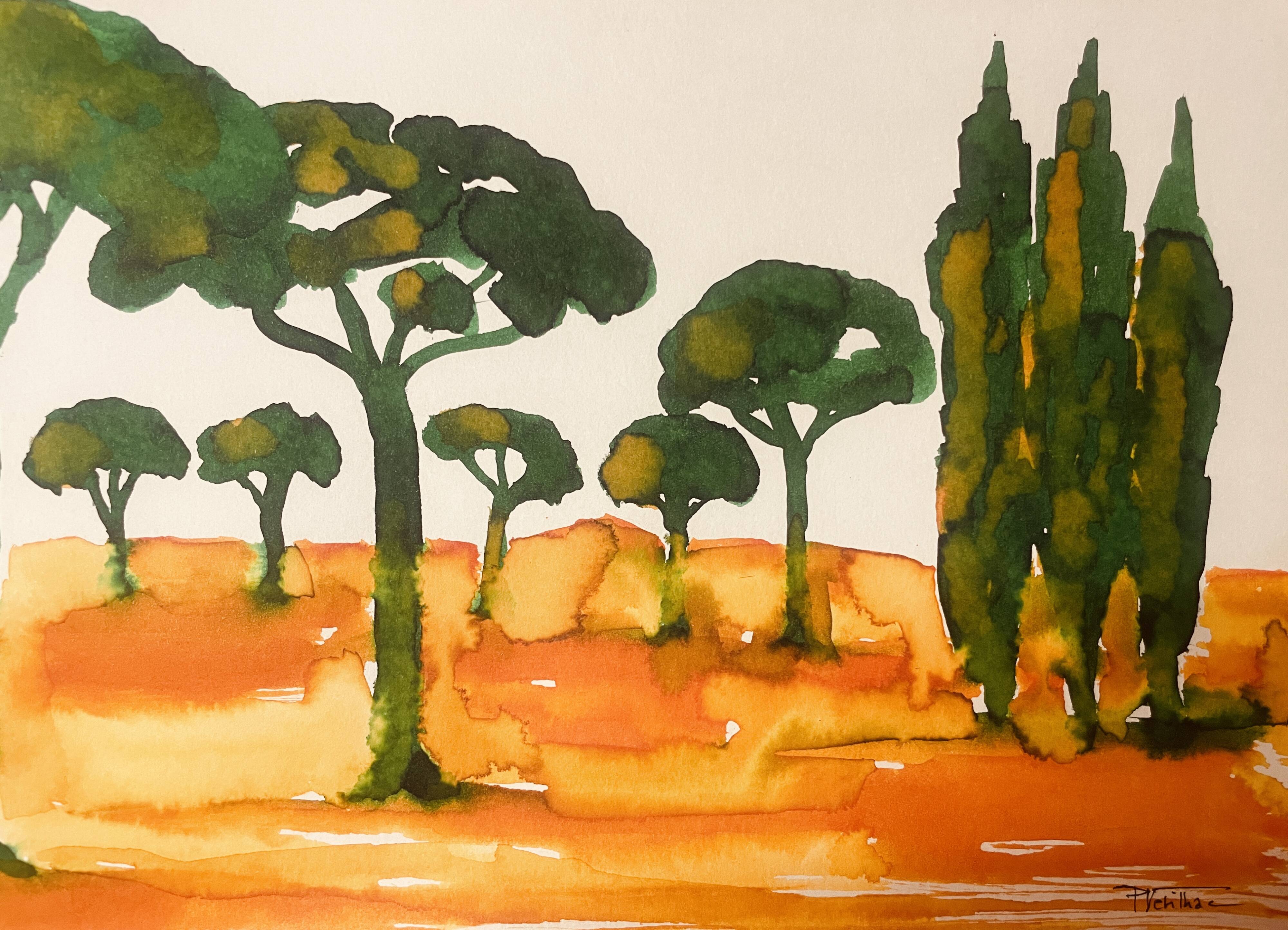 Tableau signé paysage « Lever de soleil provençal dans la pinède »