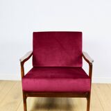 Wooden vintage brown armchair, burgundy raspberry, design by Z. Bączyk - 2 pieces available
