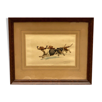 Watercolor on paper by Charles Fernand de condamy basset hound late 19th century