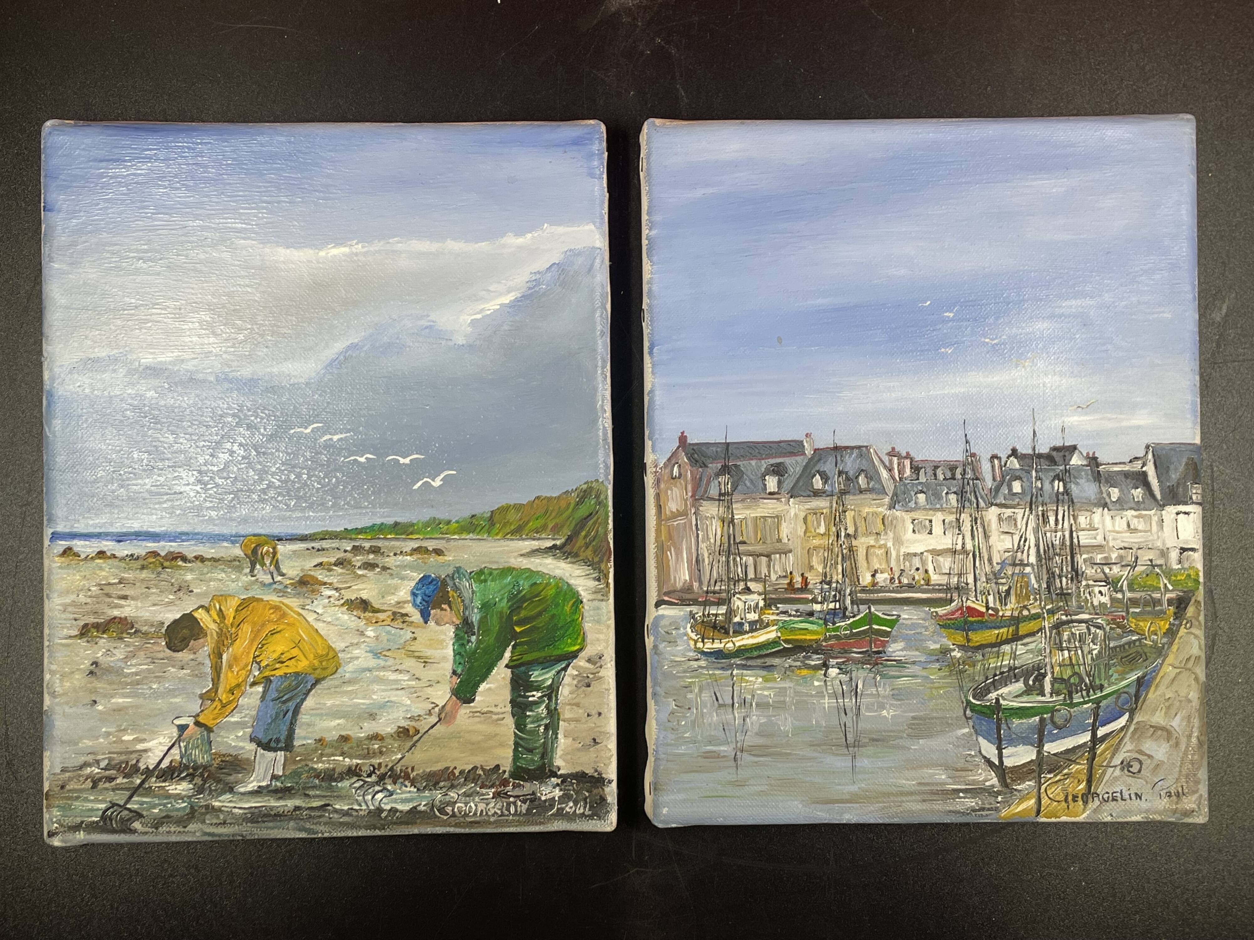 Pair of marine pendant oil on canvas, Paul Georgelin Côte d'Armor