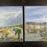 Pair of marine pendant oil on canvas, Paul Georgelin Côte d'Armor