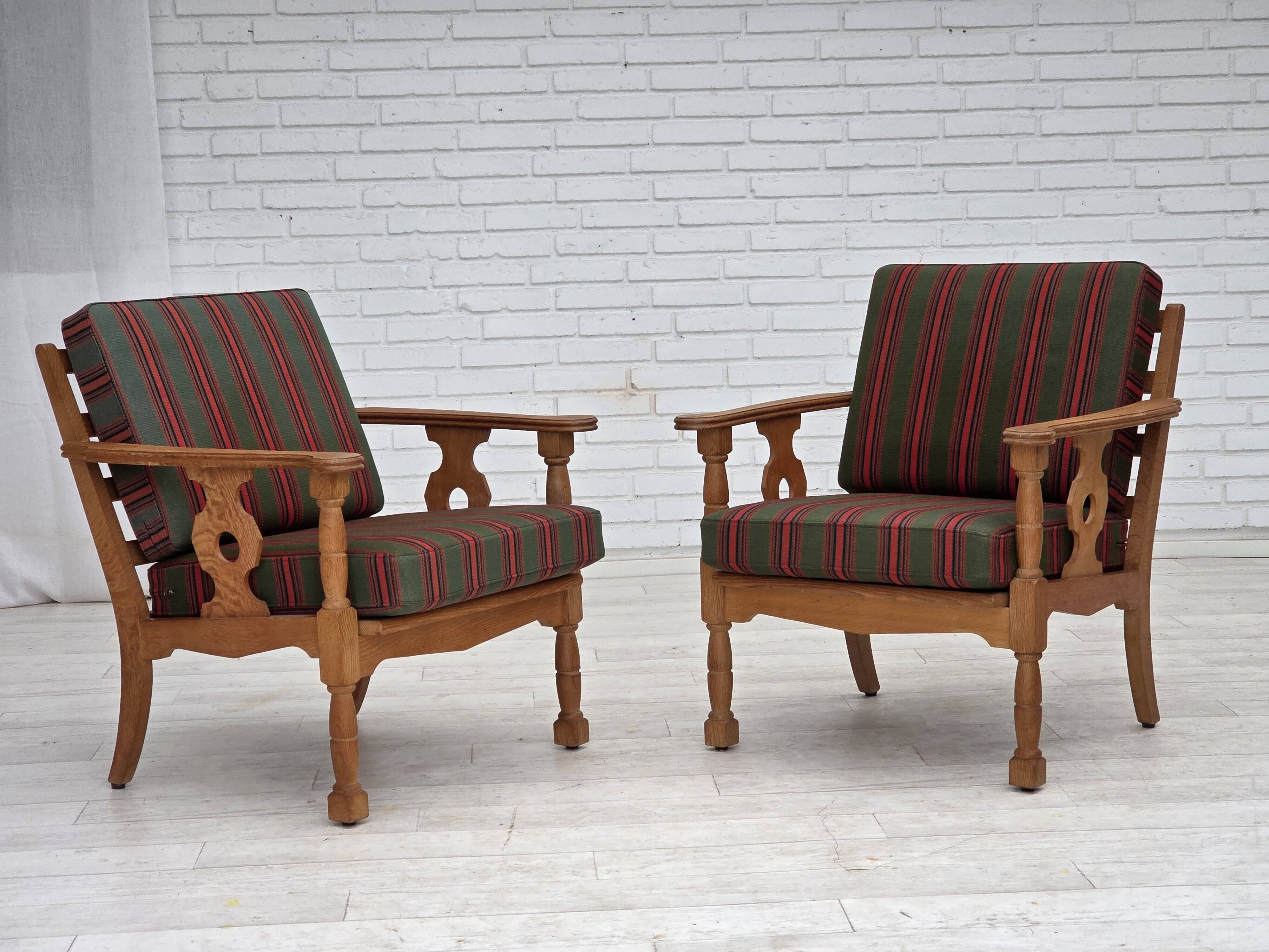 1970s, Danish armchair, green furniture wool, solid oak wood.