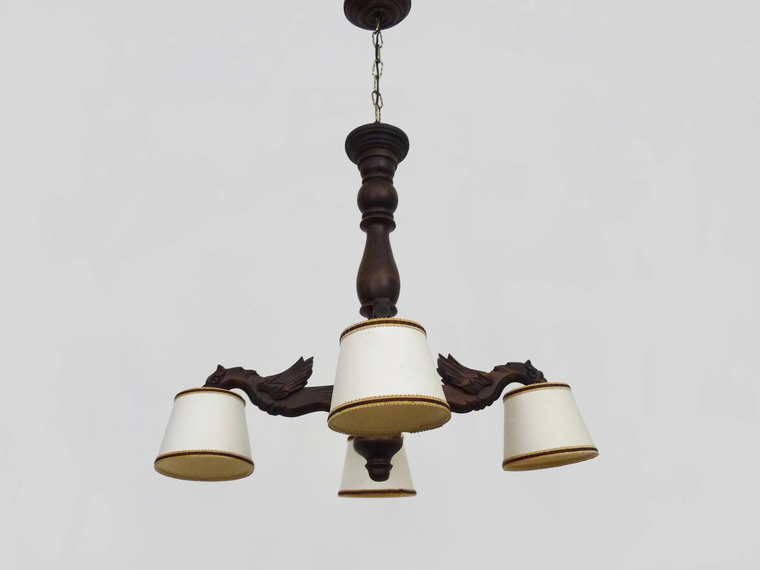 Antique hand-carved wooden dragon chandelier with 4 lights from the 1950s