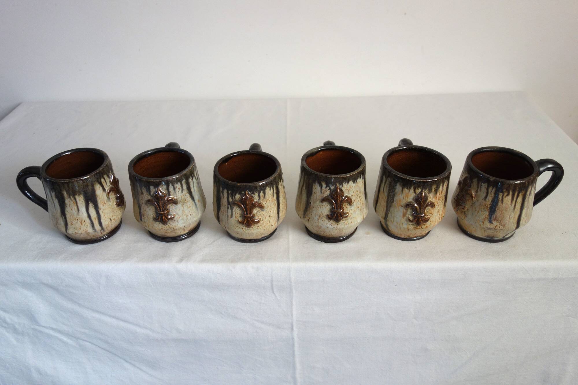 Set of 6 stoneware mugs signed Losson, Belgium, vintage