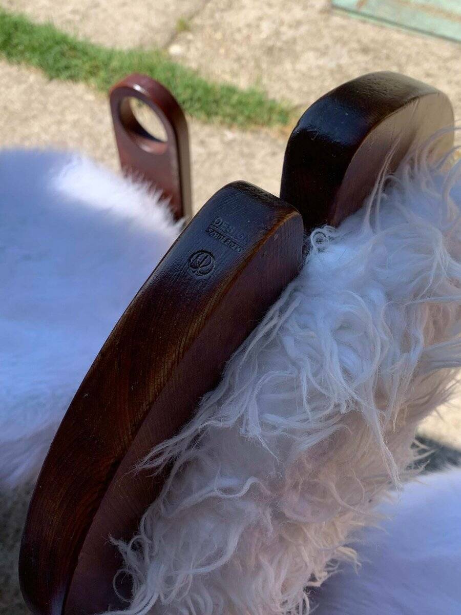 Set of 4 vintage dining chairs in brown pine and white fur by Szedleczky (1970s)