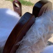 Set of 4 vintage dining chairs in brown pine and white fur by Szedleczky (1970s)