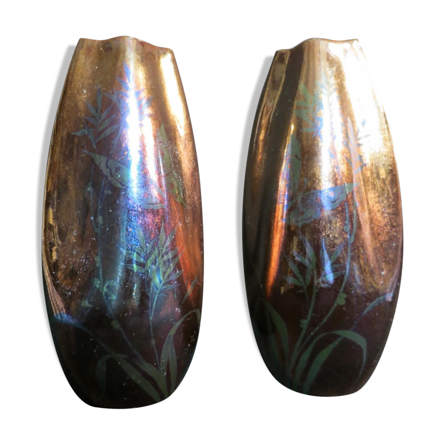 Pair of vases Jean Gaziello in Vallauris décor iridescent Butterfly