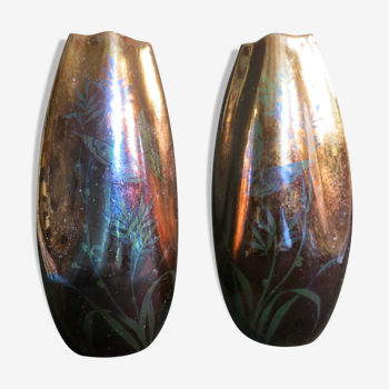 Pair of vases Jean Gaziello in Vallauris décor iridescent Butterfly