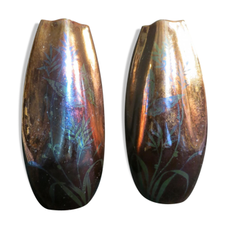 Pair of vases Jean Gaziello in Vallauris décor iridescent Butterfly