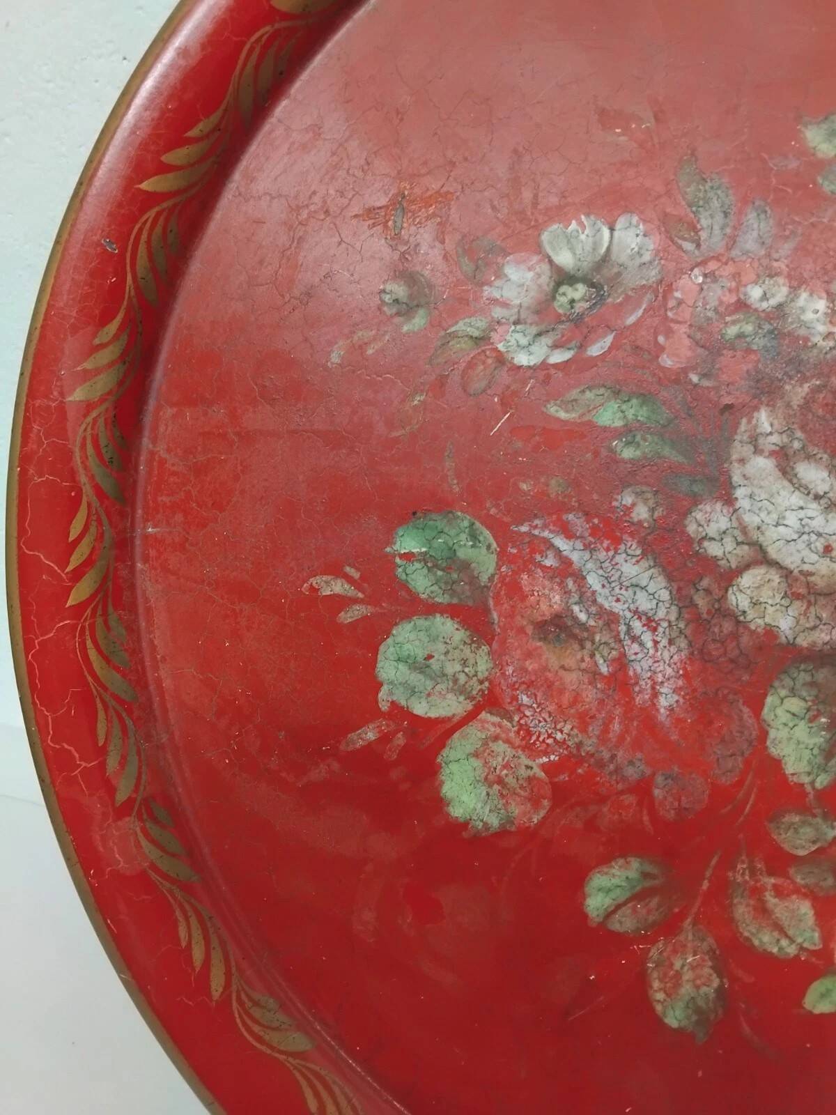 Antique Napoleon III Round Sheet Metal Tray - Flower Painting