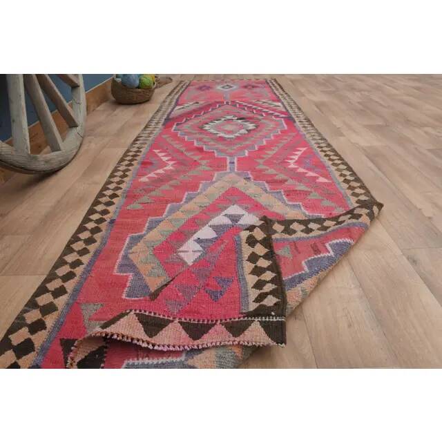 Tapis couloir vintage turc fait main en laine et coton rose des années 1970 104x358