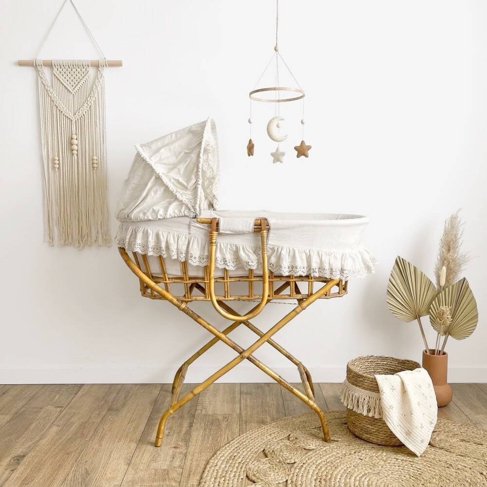 Bamboo bassinet on a stand, bohemian 1970s.