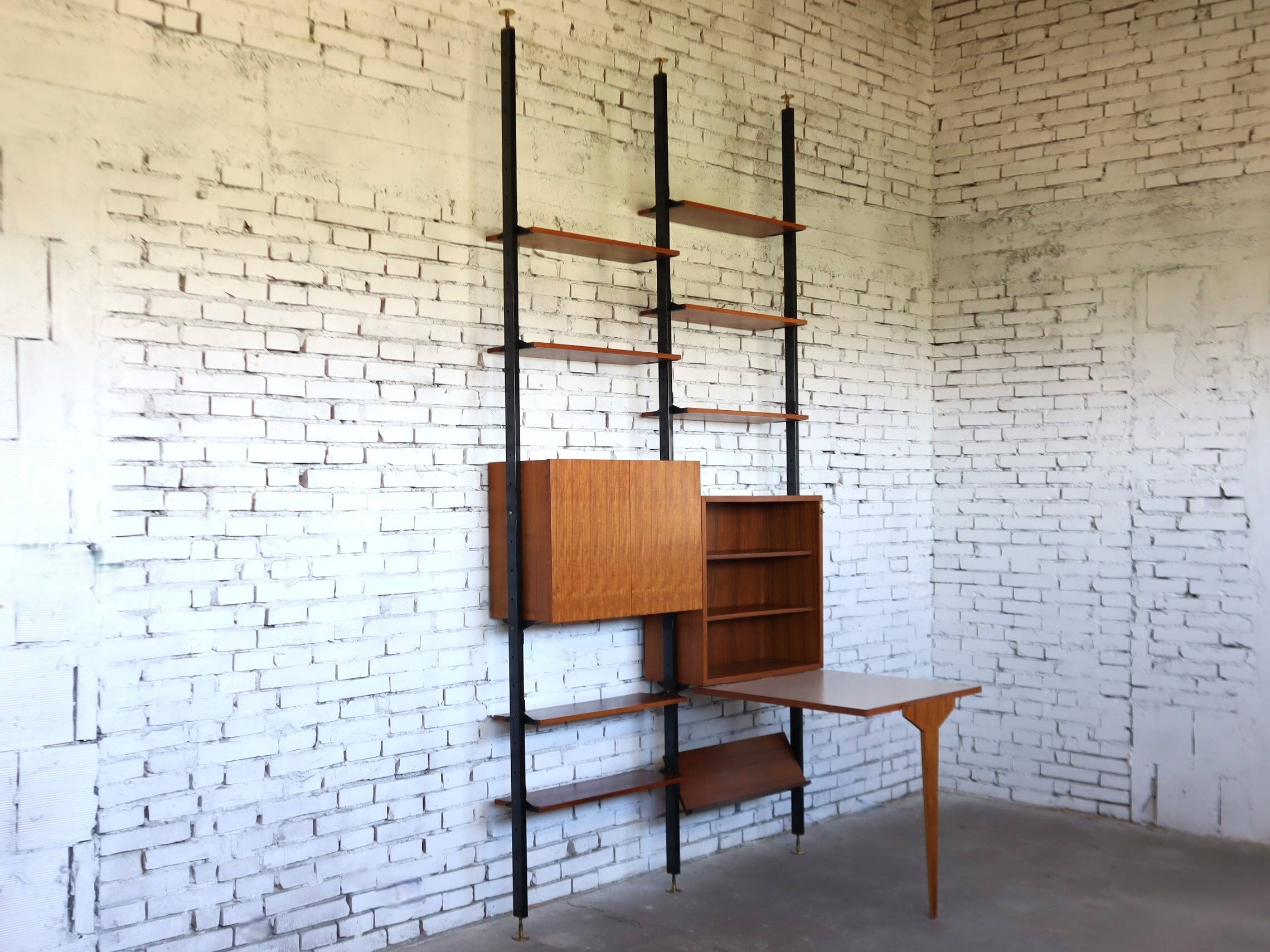 1950s mid-century wall unit teak and iron folding desk & cabinet module