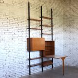 1950s mid-century wall unit teak and iron folding desk & cabinet module