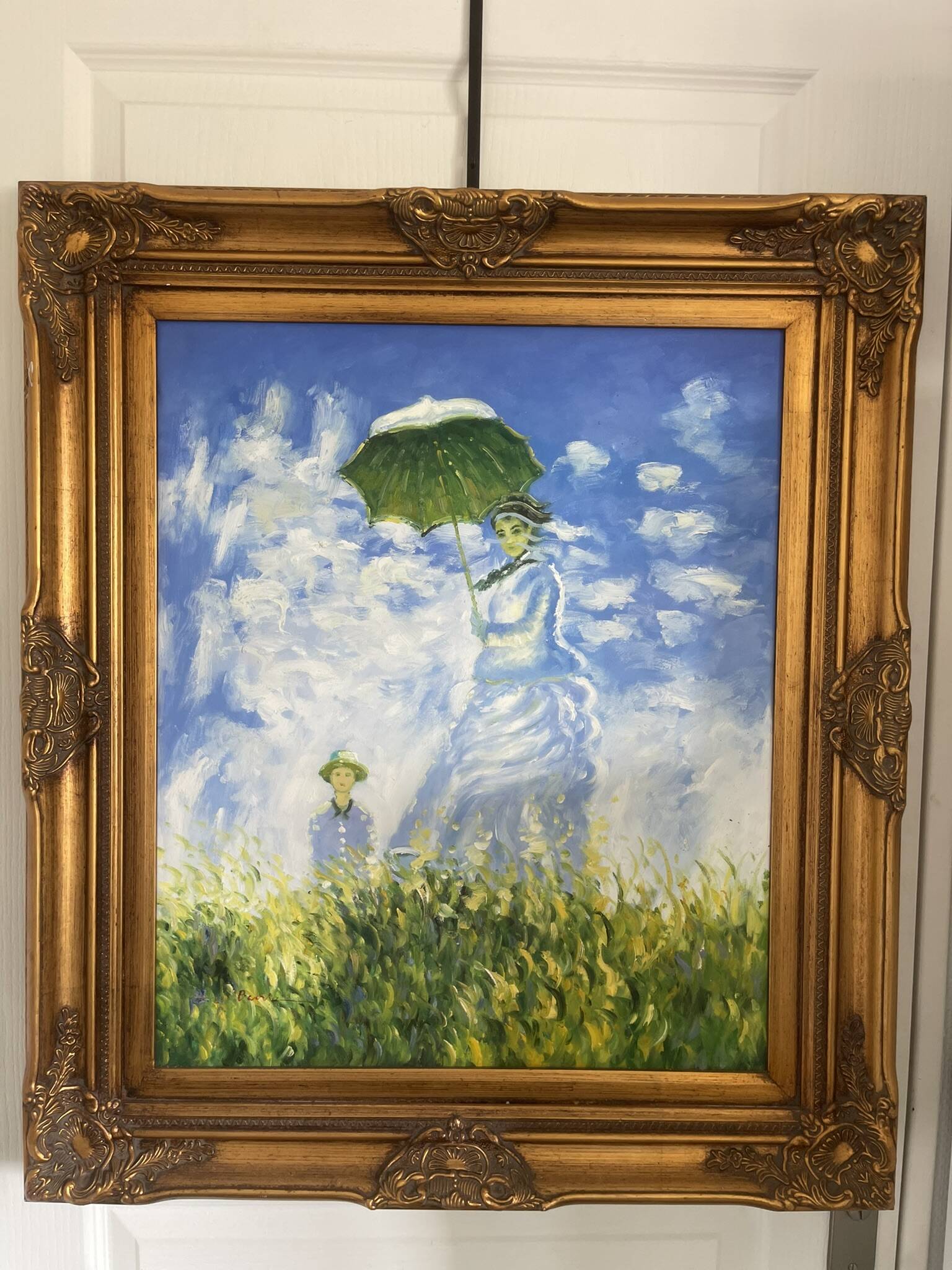 Old oil painting canvas reproduction woman with parasol monet 80x70 signed