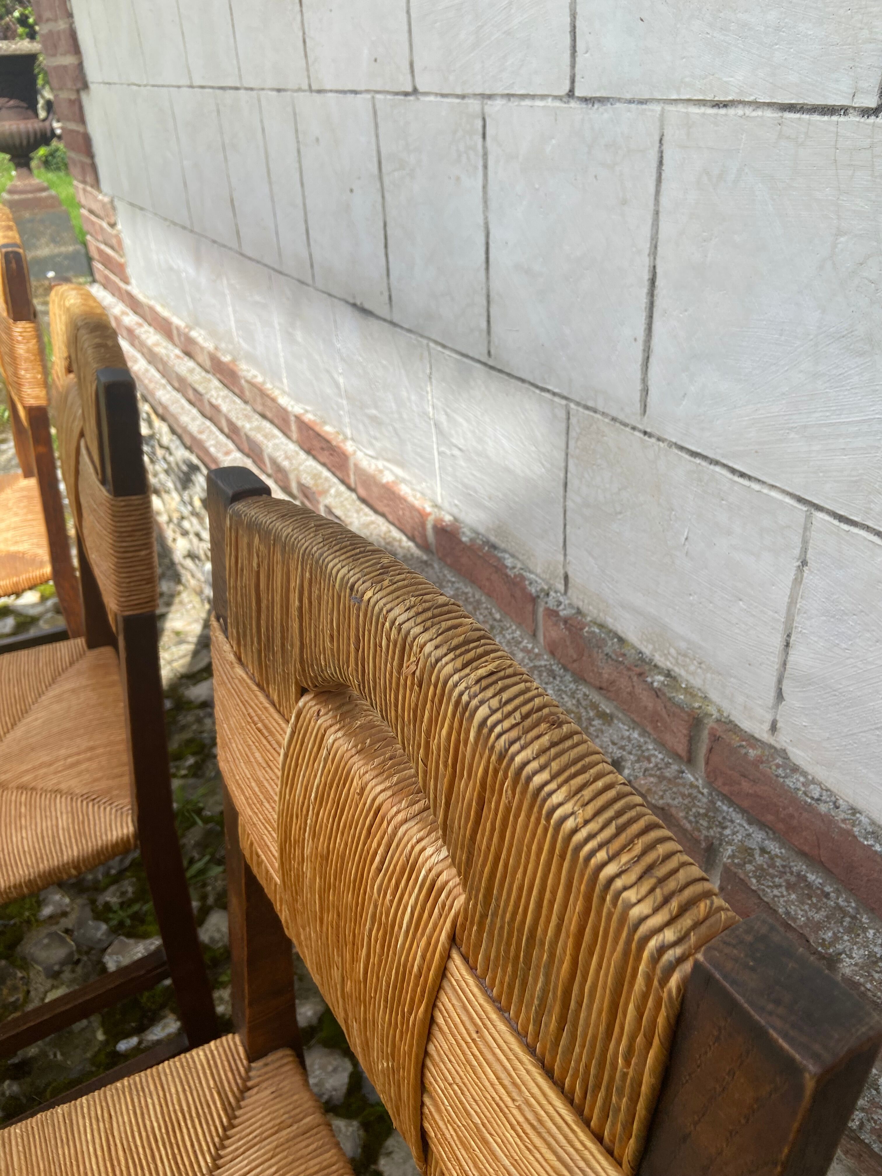 Six brutalist chairs straws and wood 60s