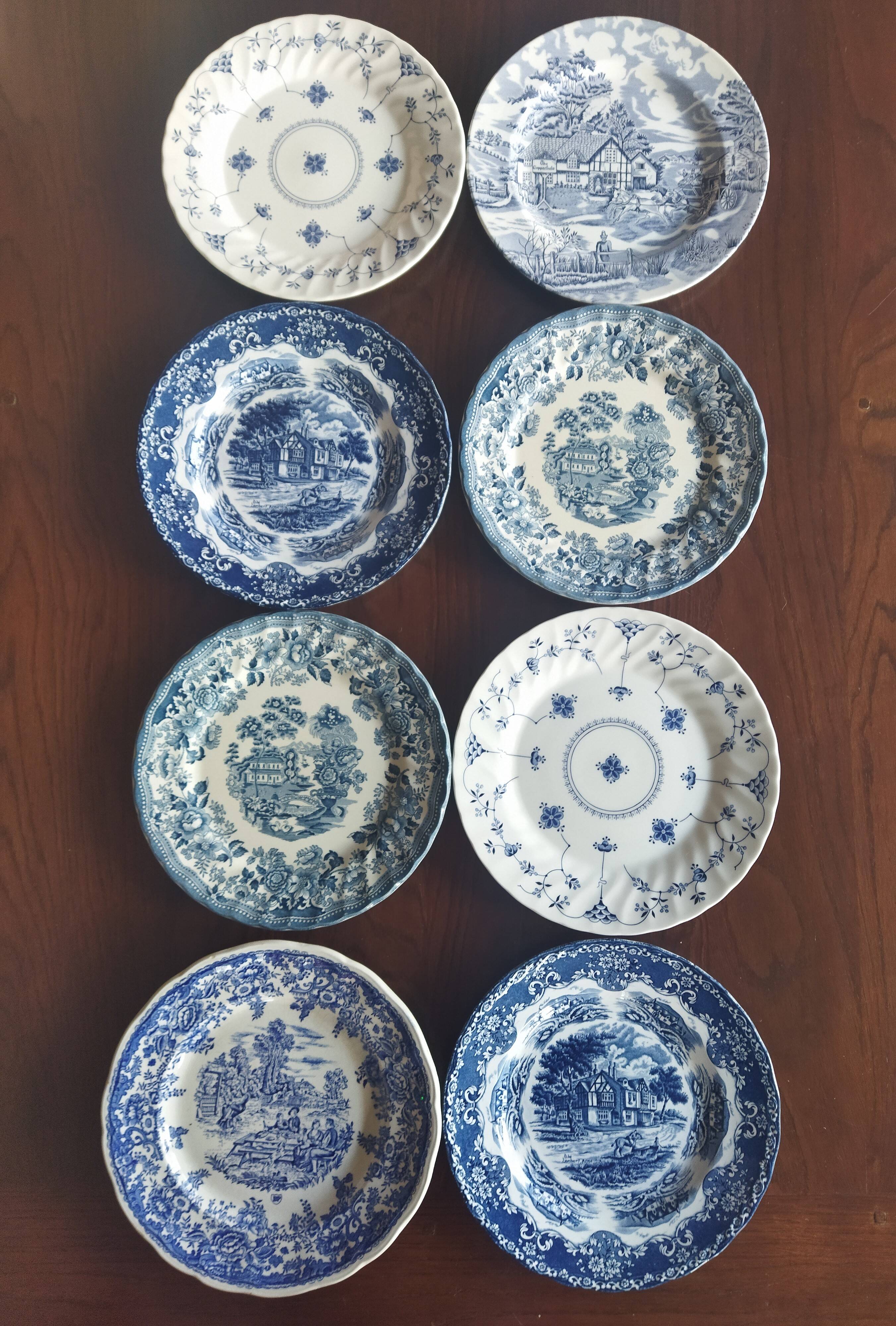 8 blue & white English dinner plates (Myott Meakin WH Grindley KG Luneville)