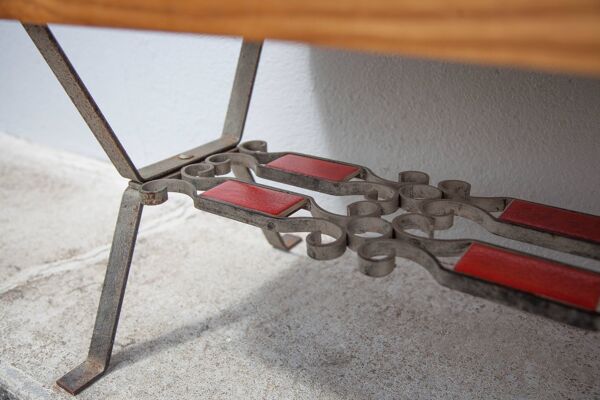 Table basse bois avec structure fer forgé, table d'appoint, bout de canapé, table vintage