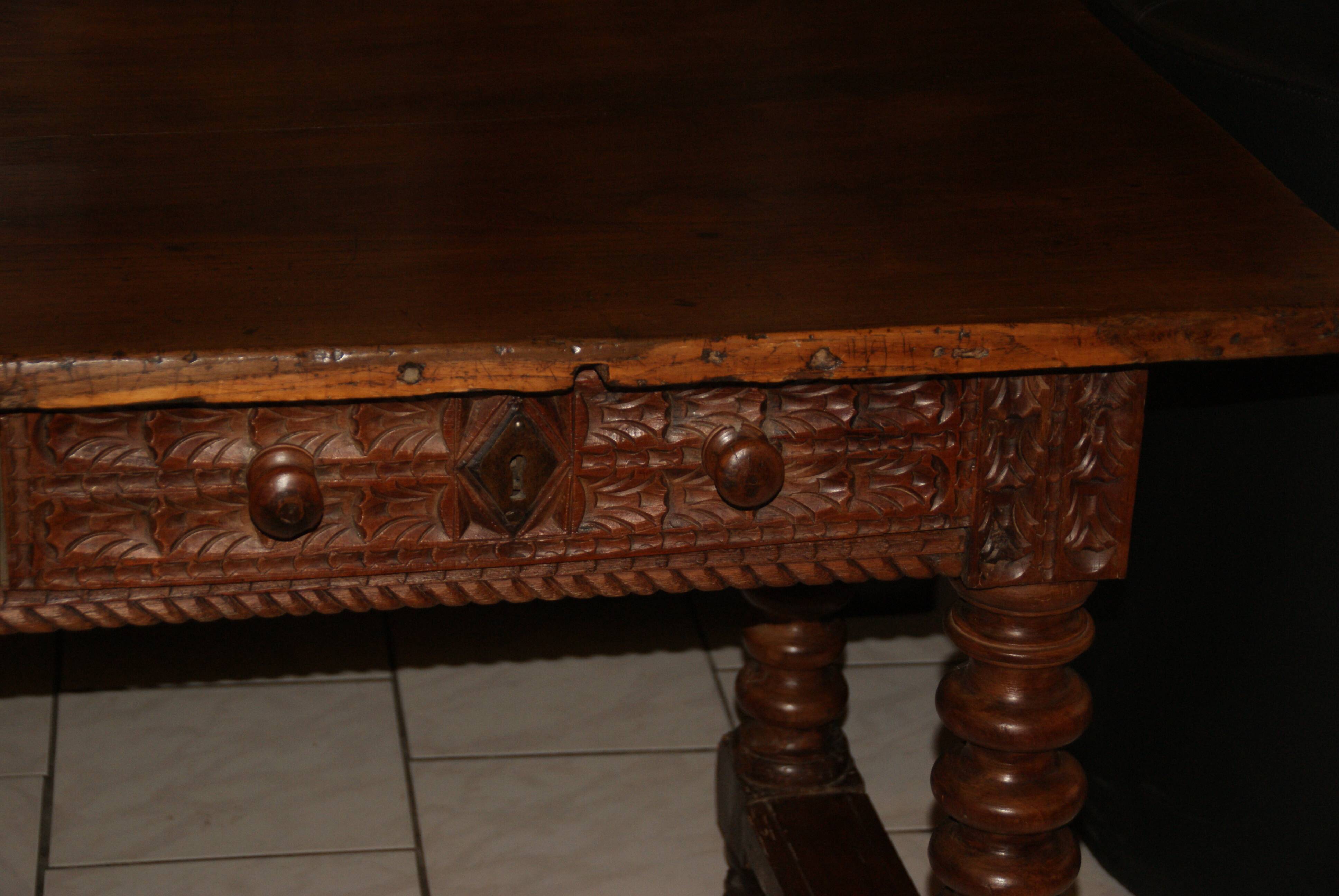 SAVOYARD CHALET TABLE, carved, with two drawers, late 18th century