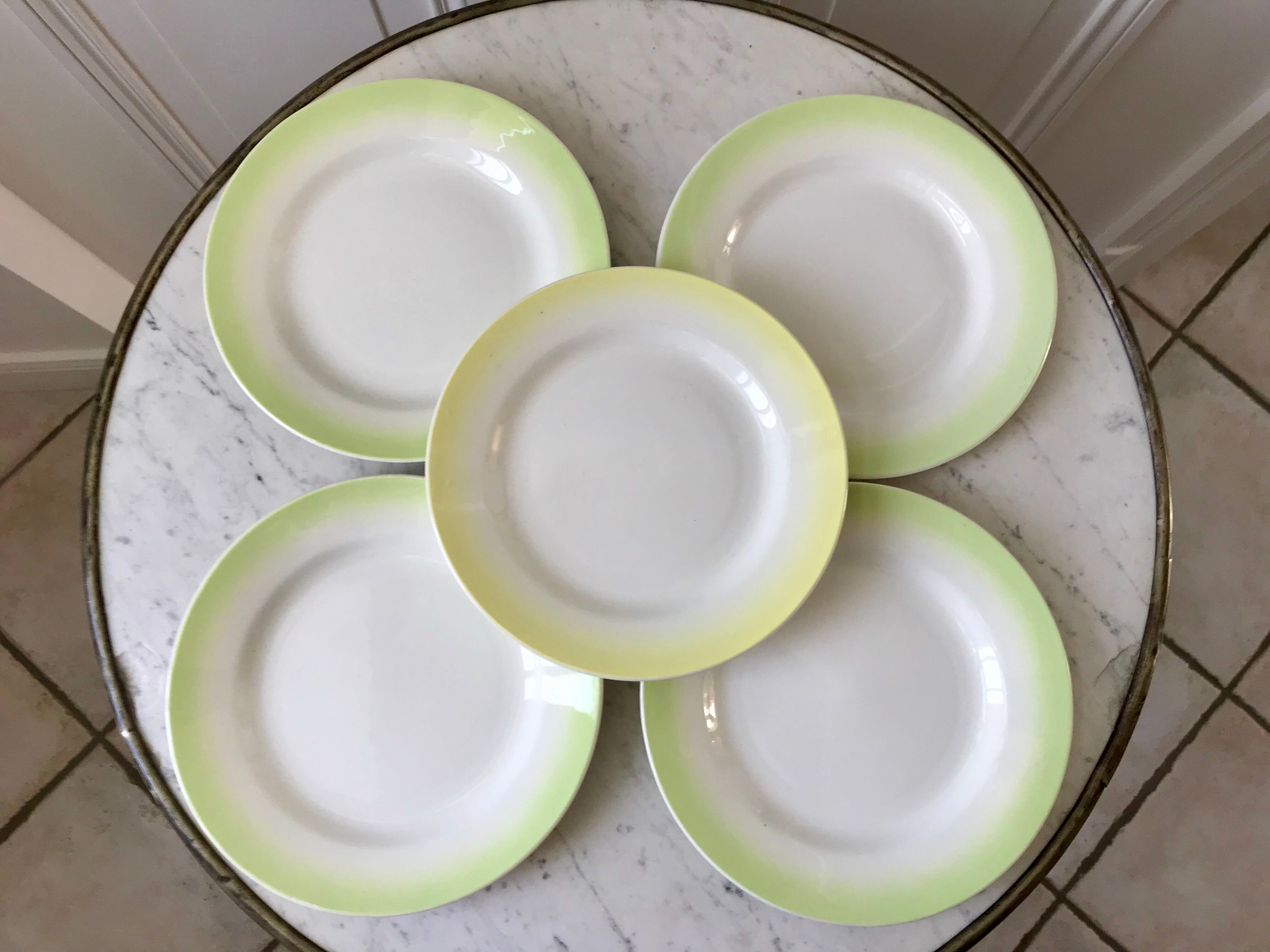 set of 5 dessert plates Digoin green and light yellow gradient pastel years 40-50