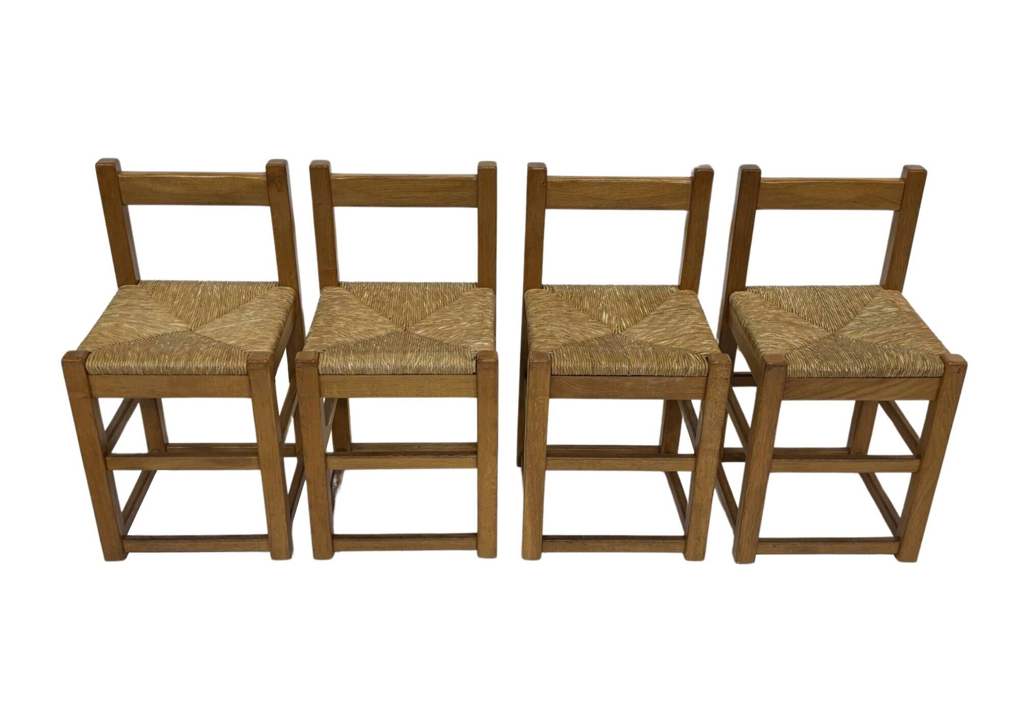 Set of four vintage chairs / stool - brutalist style minimalist oak and wicker 60s