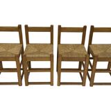 Set of four vintage chairs / stool - brutalist style minimalist oak and wicker 60s