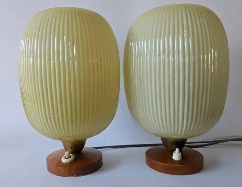 Rare Pair of Table Lamps, Glass and Wood, 1960s