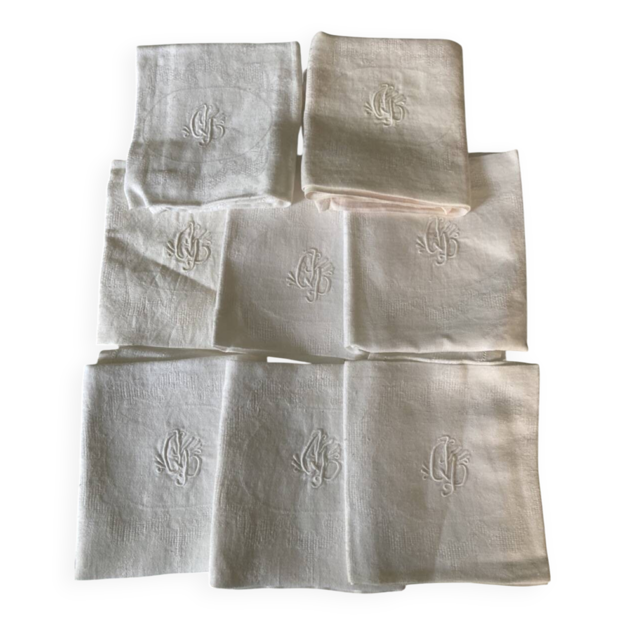 Serviettes monogramme lin damassé bordure ajouré linge ancien