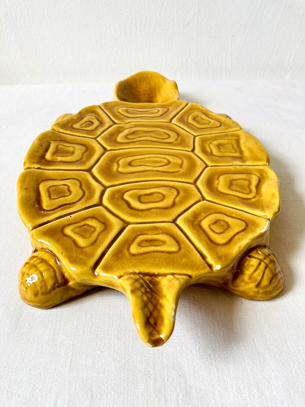 Large mustard yellow ceramic turtle dish, vintage 1950s-1970s.