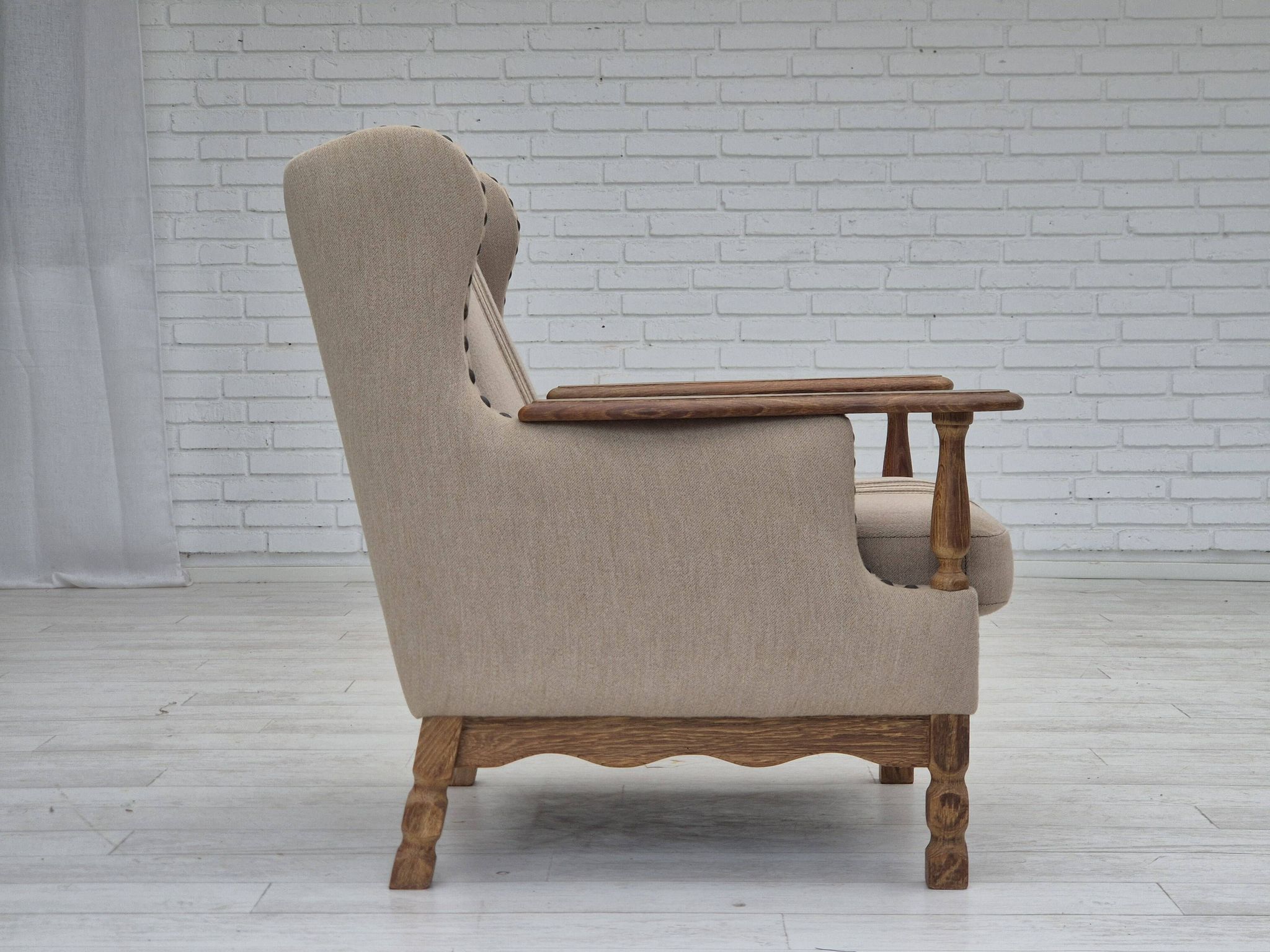 1970s, Danish armchair, furniture wool fabric, oak wood, original condition