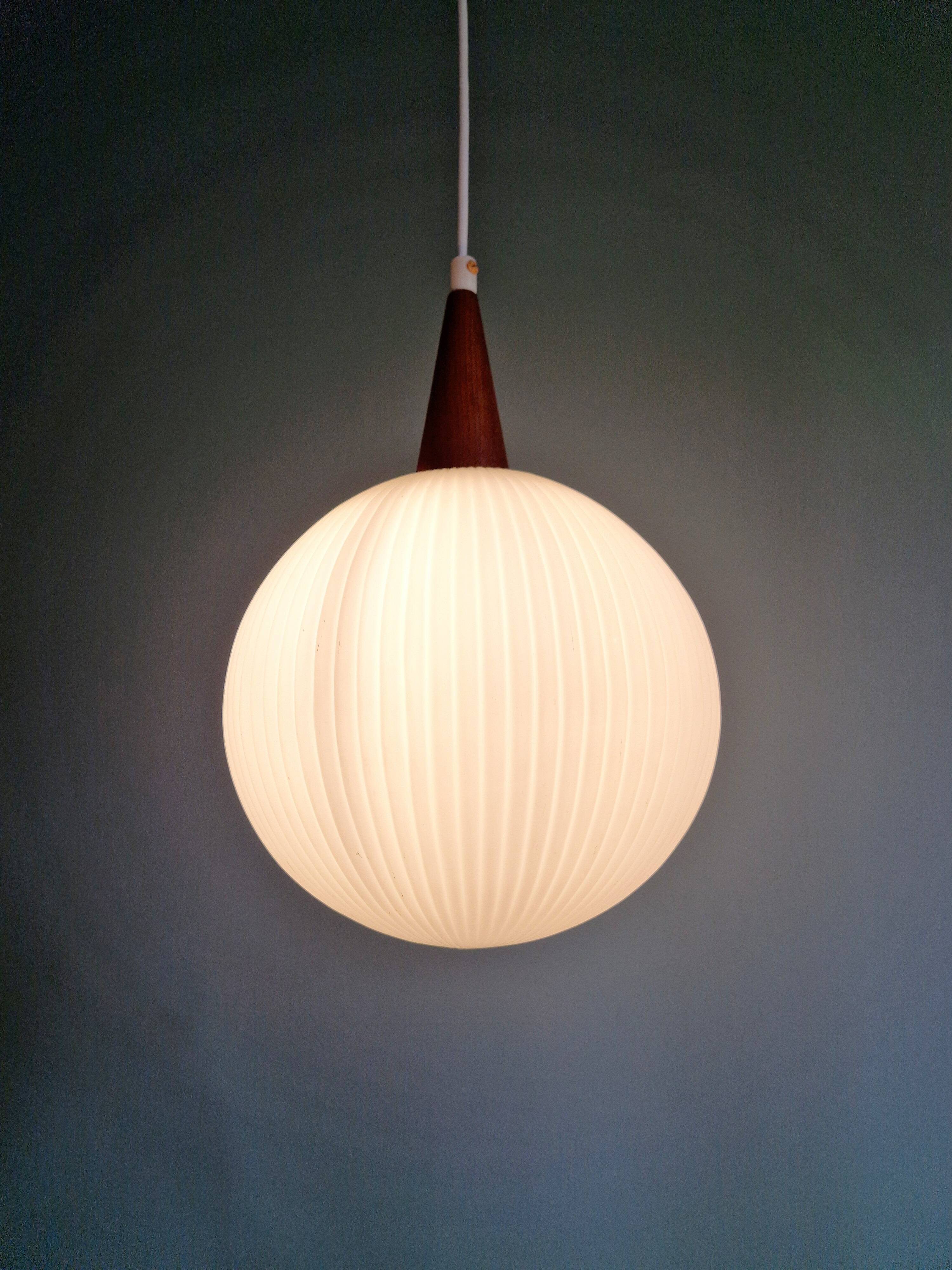 Scandinavian teak and white satin glass pendant light, 1960s