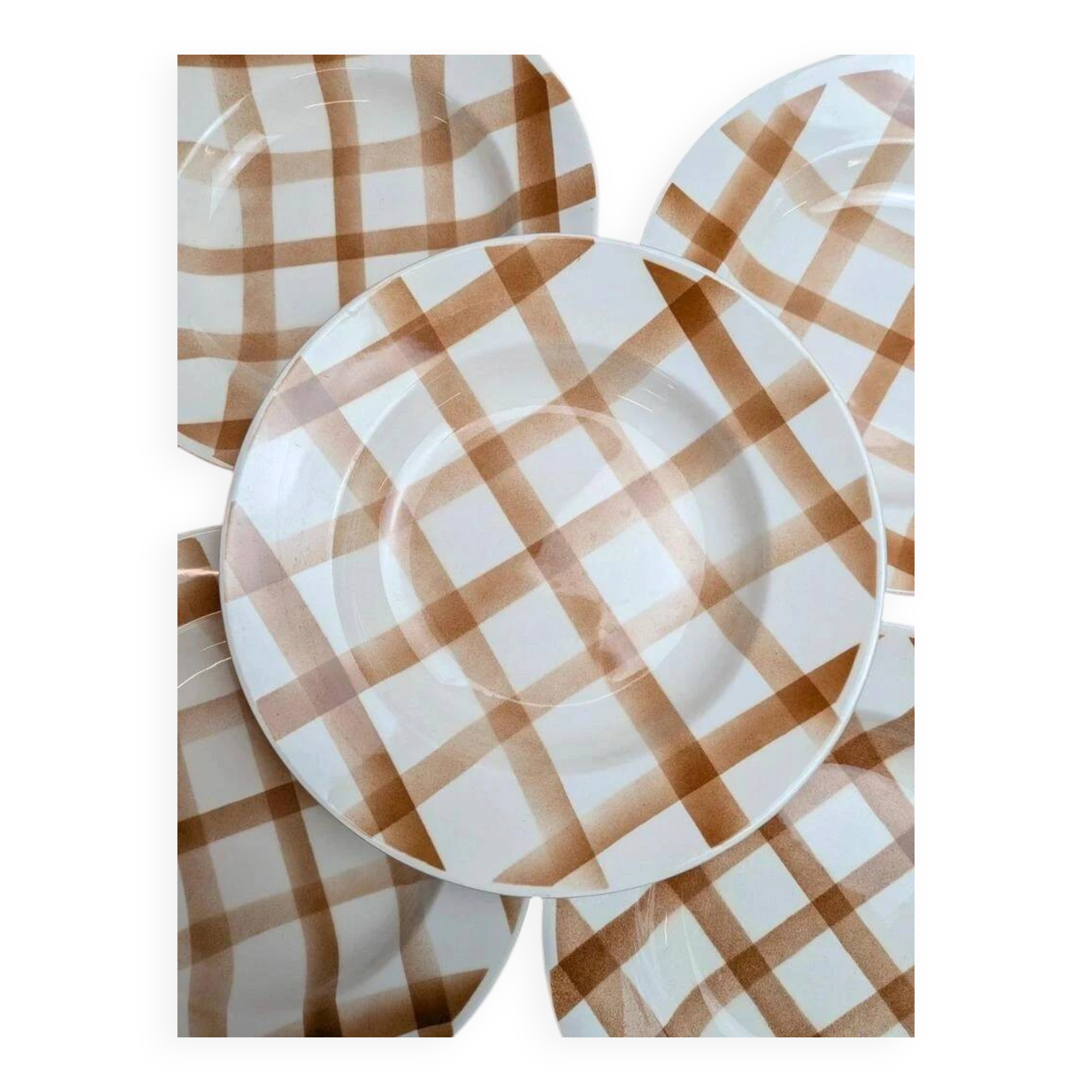 Set of 6 vintage deep plates Moulin des Loups – Checkered pattern