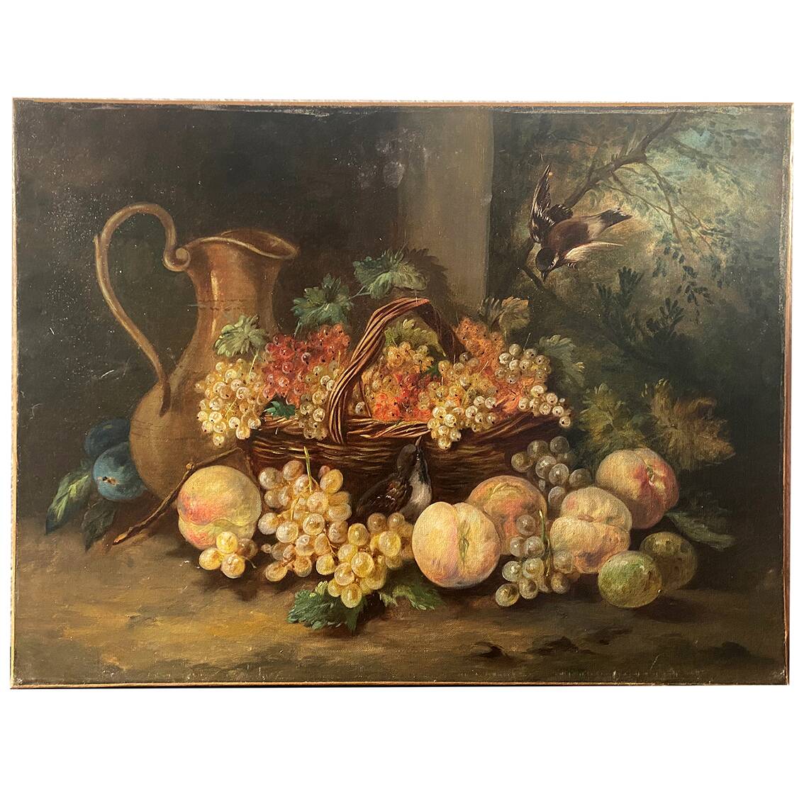 "Still Life with Fruits and Birds", oil on canvas, late 19th century.