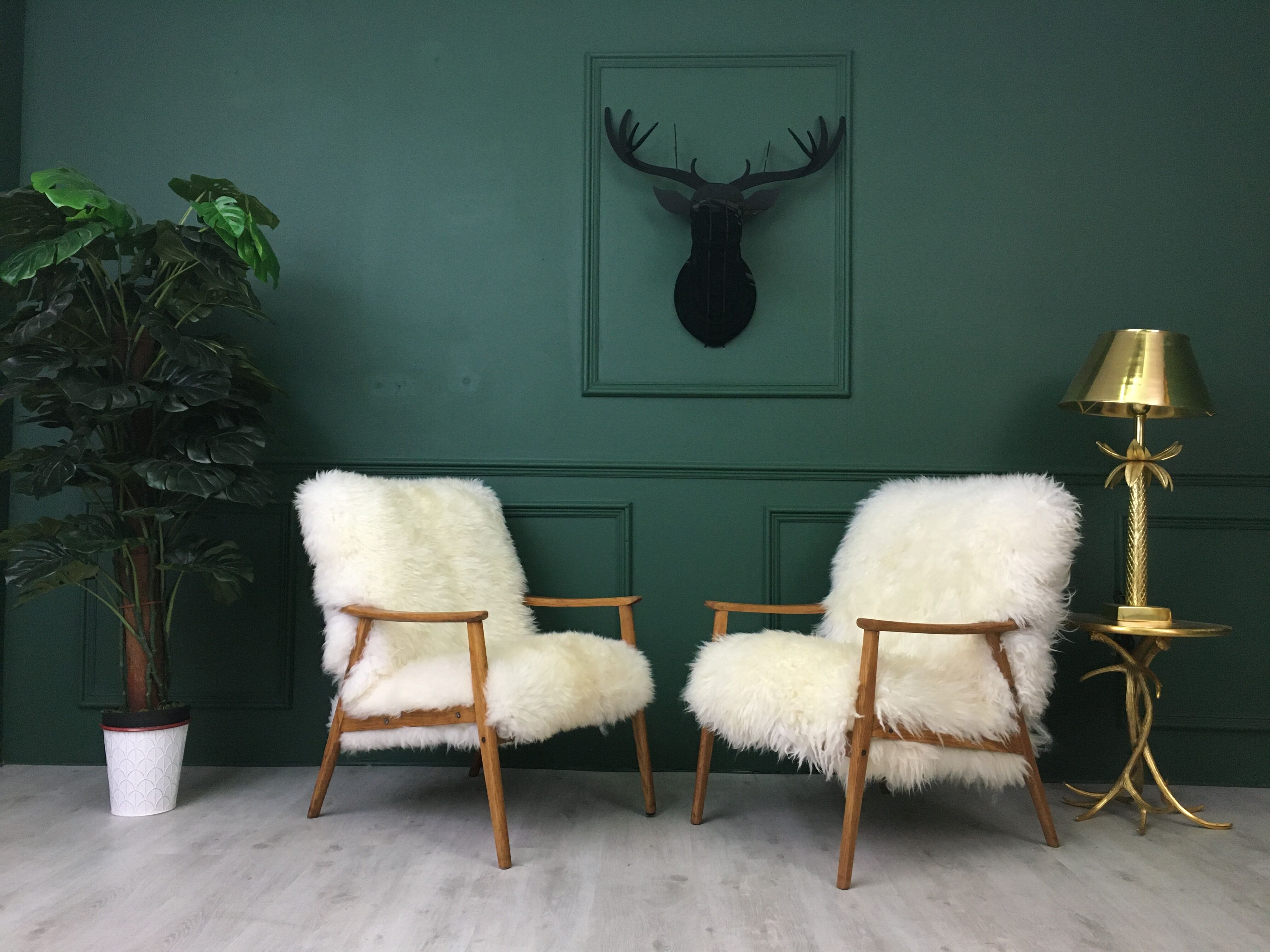 Vintage white sheepskin armchair