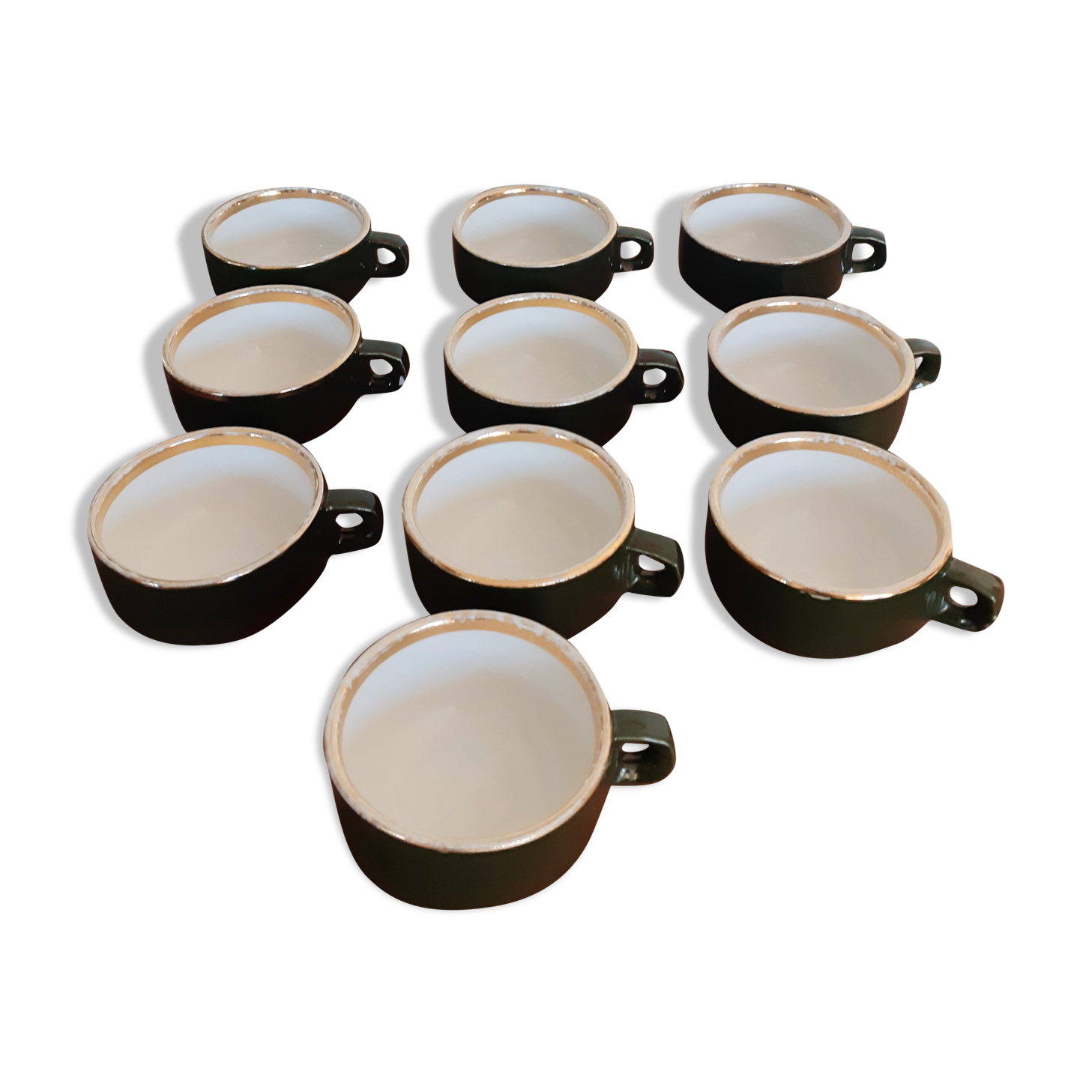 Green bistro coffee cups, and Pilluivit gold (10), porcelain, vintage