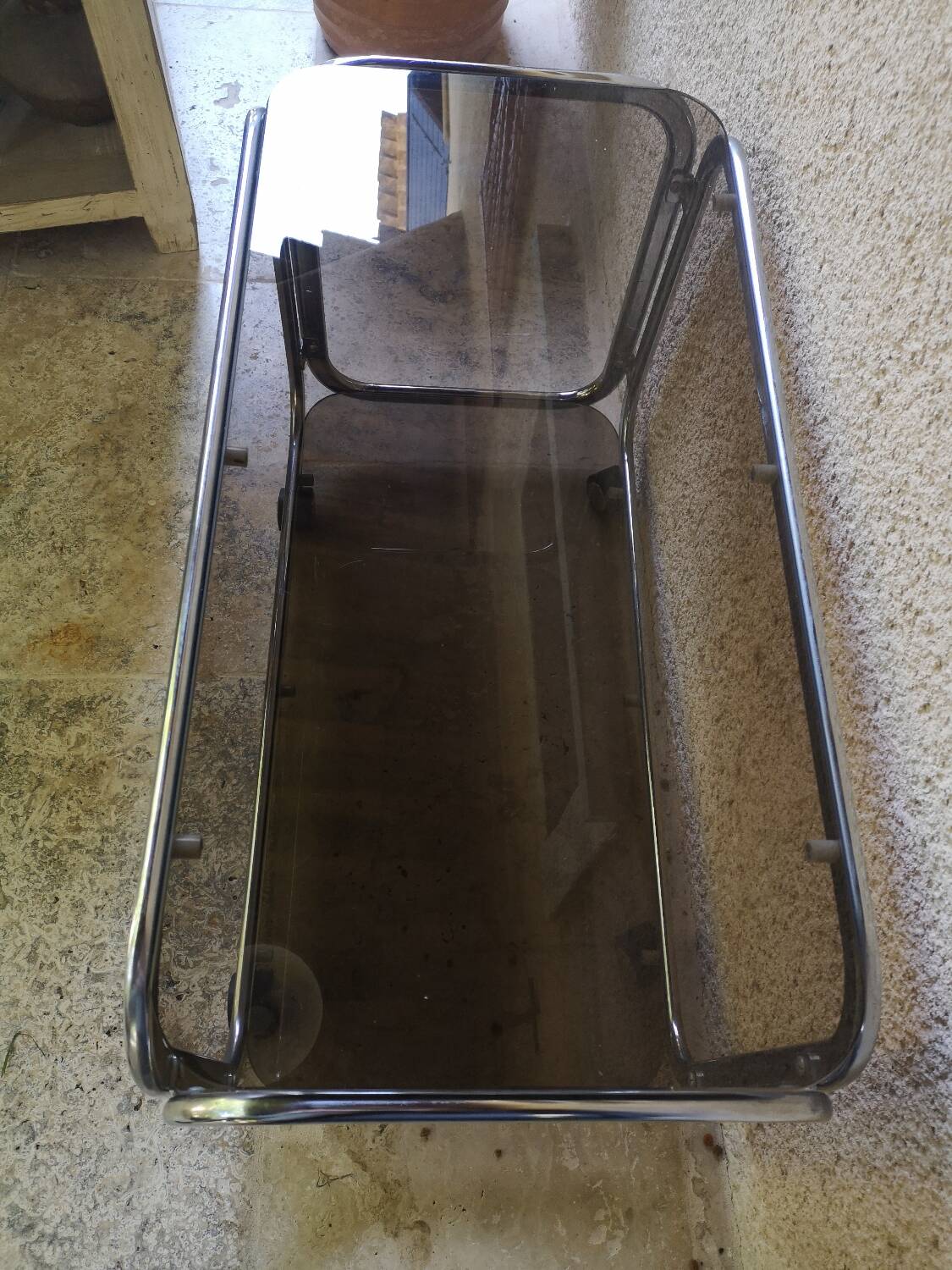 Trolley, hifi table. Smoked silver metal glass 60's