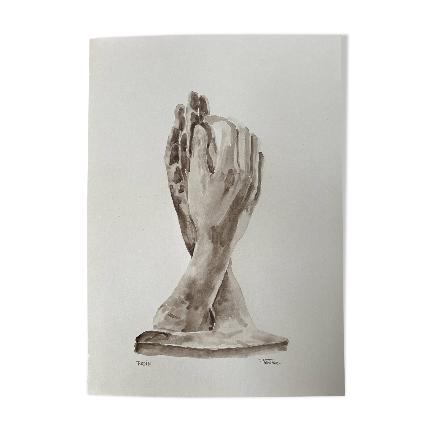 Painting signed watercolor monochrome sepia study statue “Rodin’s Cathedral”