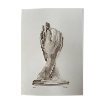 Painting signed watercolor monochrome sepia study statue “Rodin’s Cathedral”