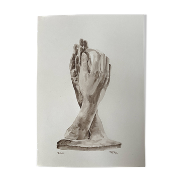 Signed watercolour monochrome sepia study of the statue "The Cathedral by Rodin"