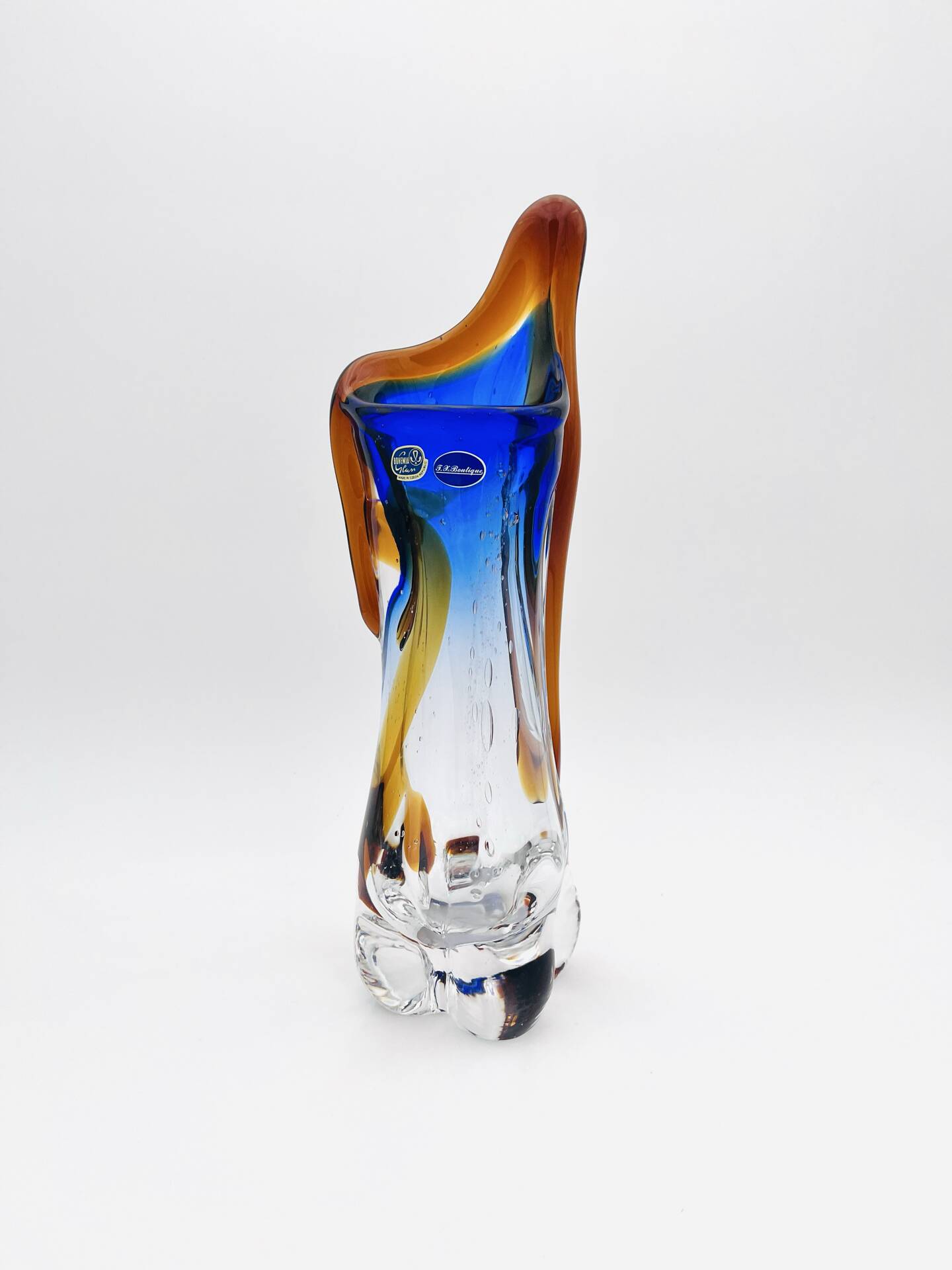 Large stretched glass sculpture vase from Bohemia – Cobalt blue, Amber