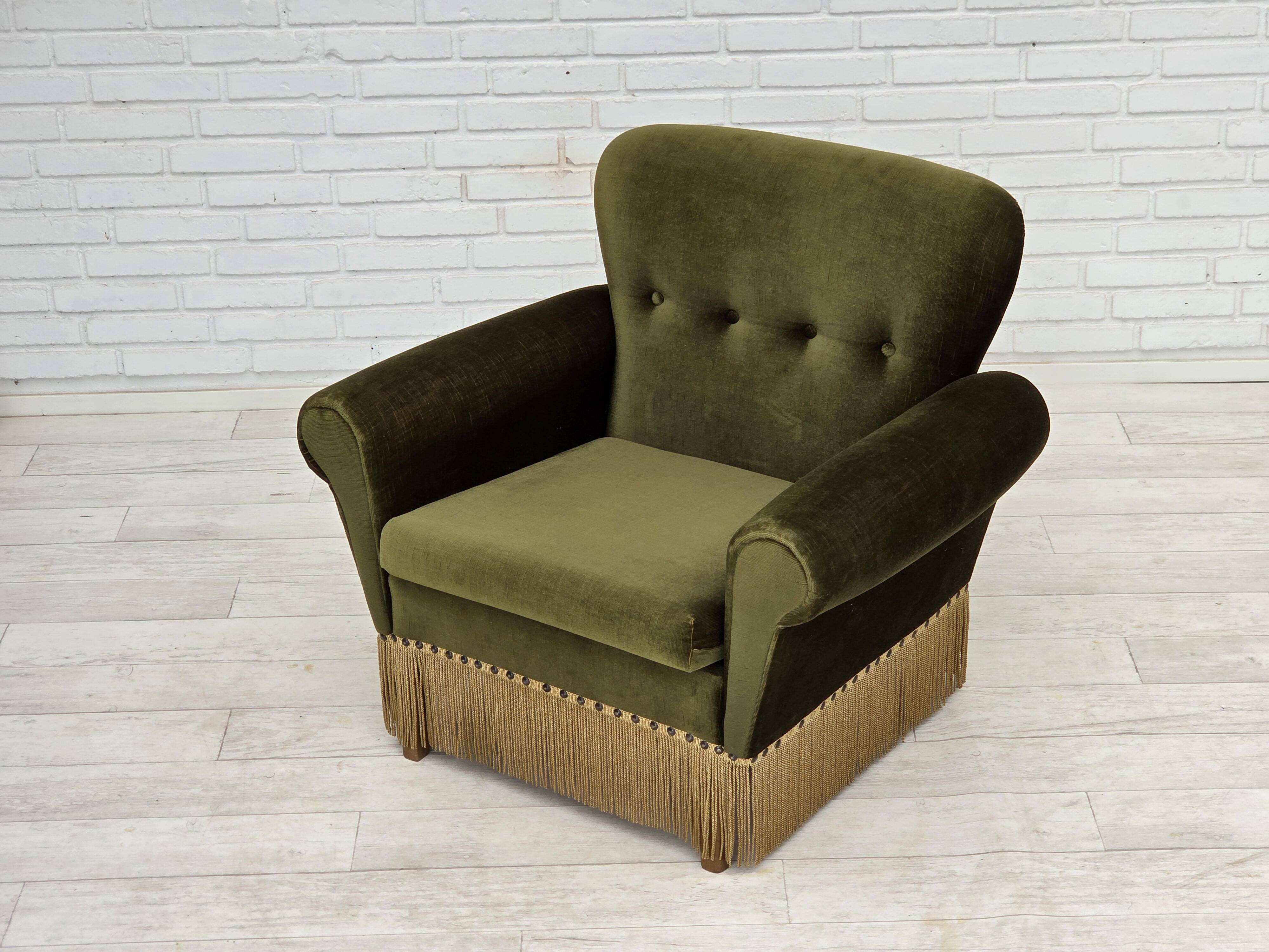 1970s, Danish lounge chair, low, furniture velour, ash wood legs.